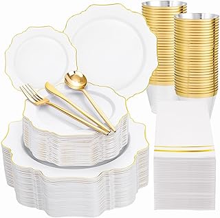 WDF 350PCS White and Gold Plastic Plates - Gold Plates Disposable 50Guest Plastic Dinnerware Ideal for Party/Wedding/Birth...