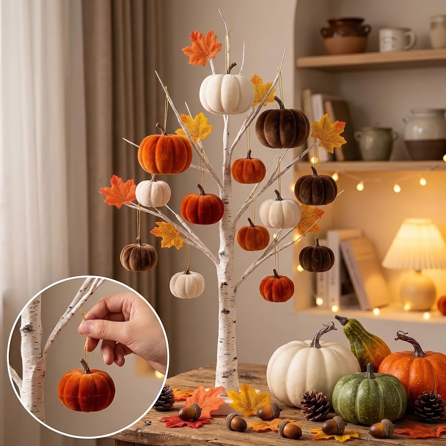 27Pcs Artificial Velvet Pumpkins Maple Leaves Acorns Fall Decor