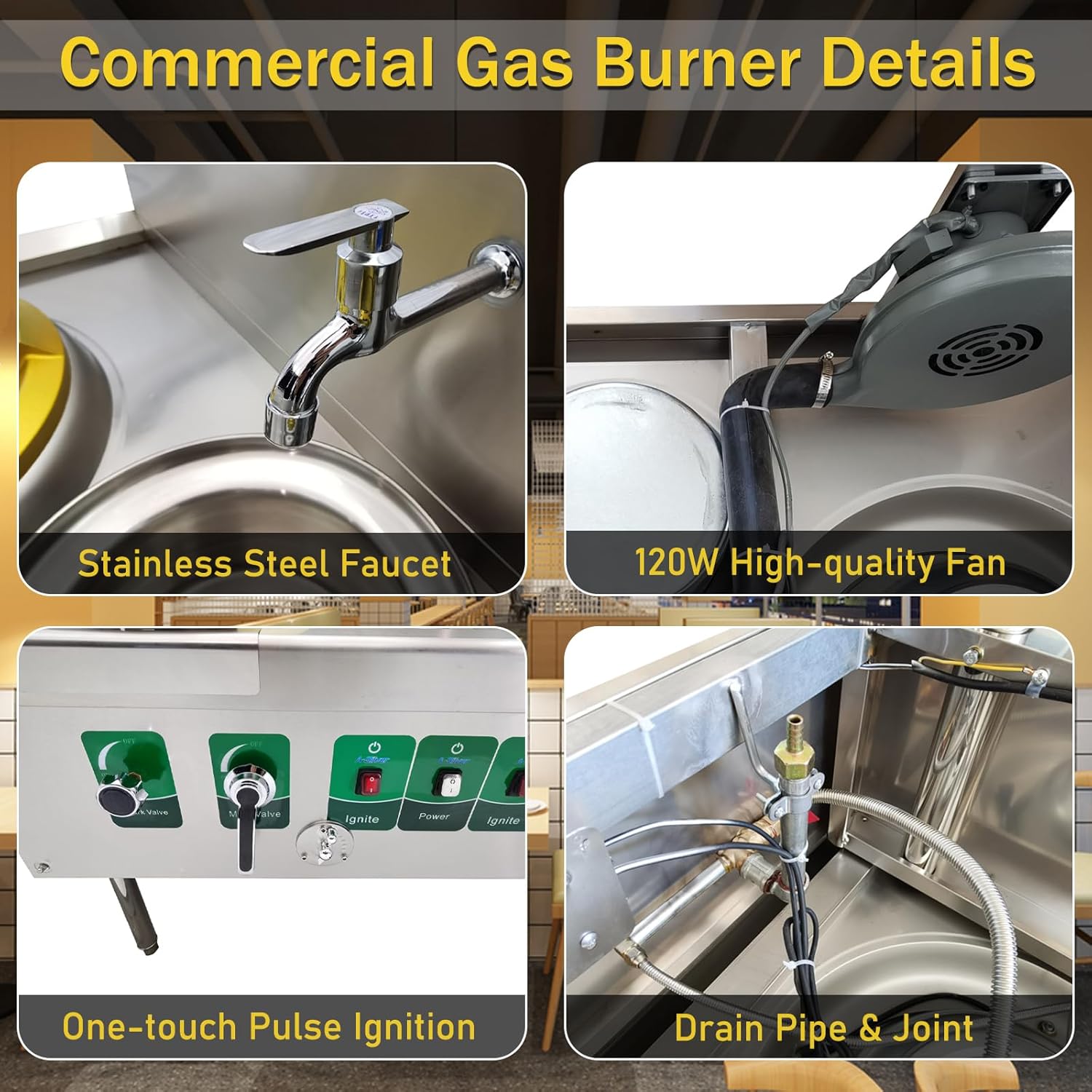 Commercial Stove Chinese Gas Wok Range Burner 85300 BTU Heavy-duty Stainless Steel Cooker Liquefied & Natural Gas Compatible Double Stove with Water Basin for Chinese Cooking 110V
