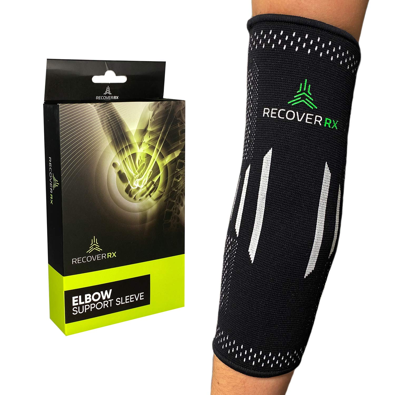 RecoverRxElbow Support Sleeve - Elastic Compression Brace for Men Women Sports Pain Relief Golfer's Elbow Tennis Elbow Basketball Football Lifting (Large)