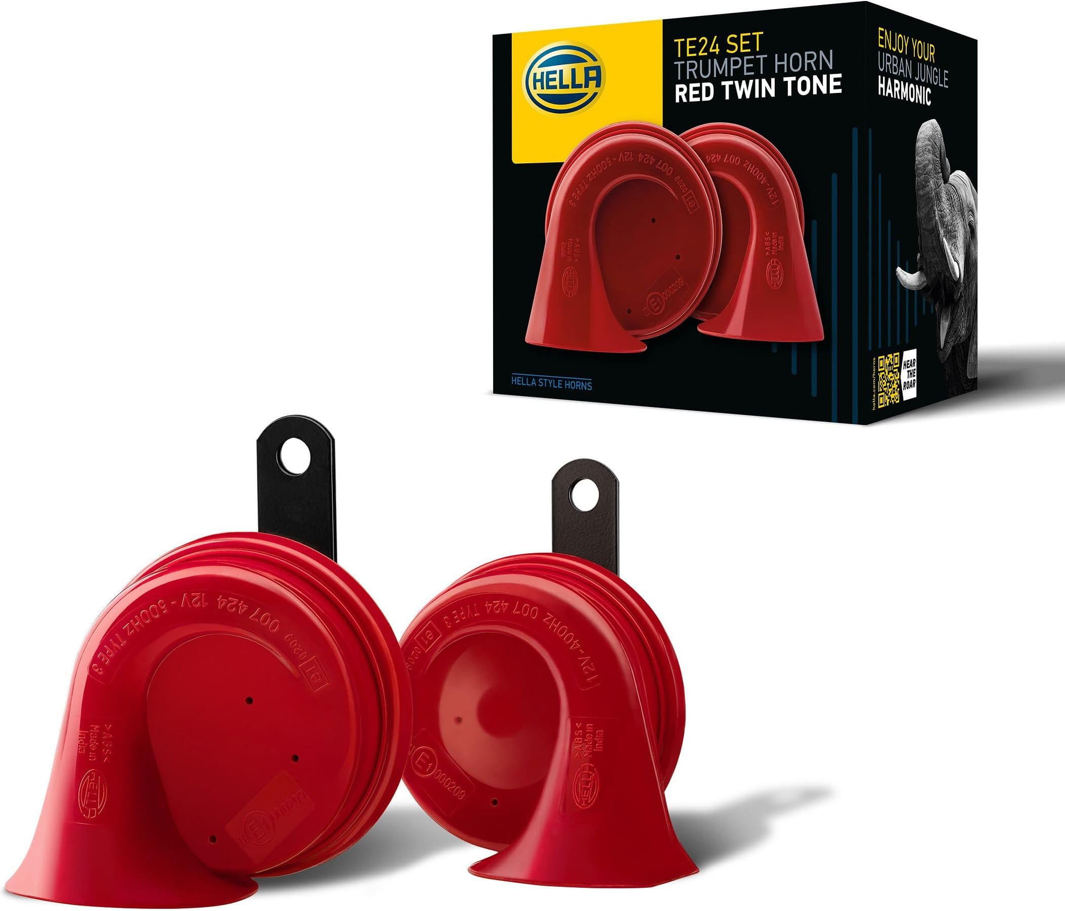 HELLA 3FH 007 424-811 Trumpet Horn - TE16 - 12V - 110dB(A) - Frequency Range: 400/500Hz - Electric - Housing Colour: Red/Black - Flat Plug-in Connector - Set - Quantity: 2