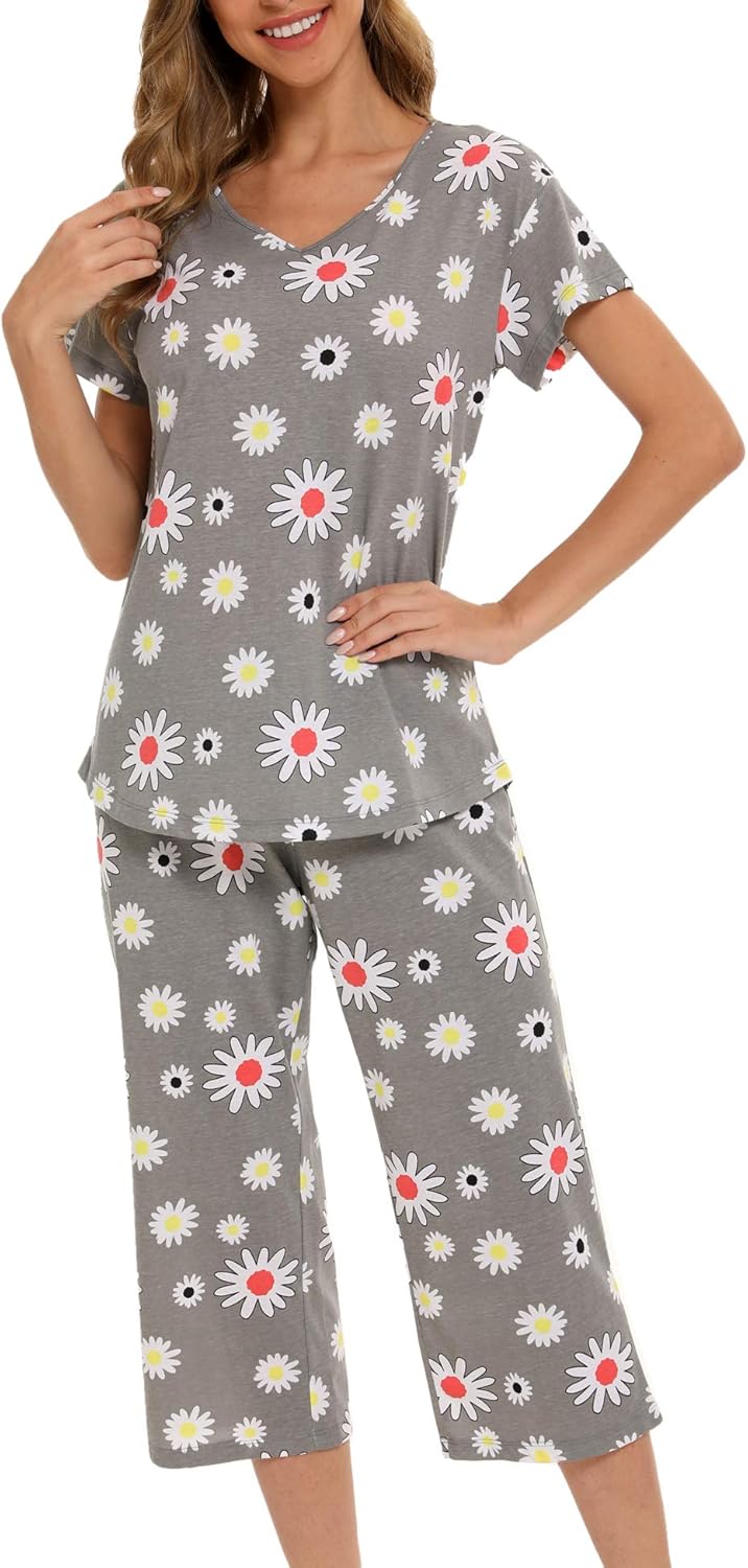 ENJOYNIGHT Women's Pajama Short Sleeve Sets Top with Capri Pants