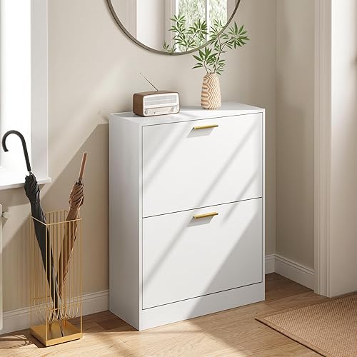 Miniatura 7 de Armario de zapatos con 2 cajones abatibles, armario de zapatos blanco para entrada, organizador de zapatos moderno de madera, estantes pequeños y