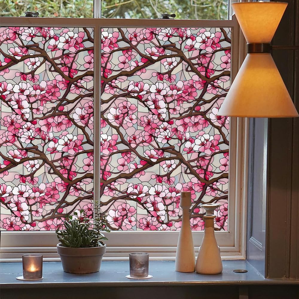 Pink Cherry Flower White Vintage Stained Glass Window Films Decorative Double-Side Privacy Film Self-Adhesive Static Clings for Living Room Bathroom Glass Windows Decor