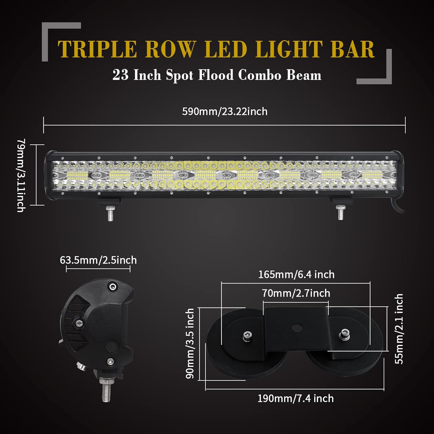 SKYWORLD 23 inch 480W 8D Driving LED Light Bar with 12V Wiring Harness Cable Kit, 2pcs Strong Magnetic Bracket Mount Holder for Car Off road Truck SUV ATV 4x4, Fog Lights 6000K White
