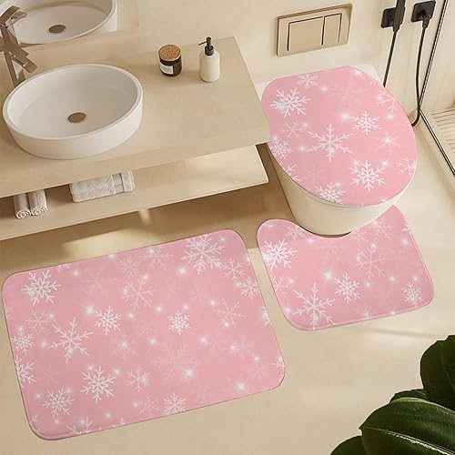 Miniatura 1 de Tapete de baño blanco con copos de nieve de 24 x 16 pulgadas, juego de 3 alfombras de baño de Navidad color rosa, antideslizantes, absorbentes, de