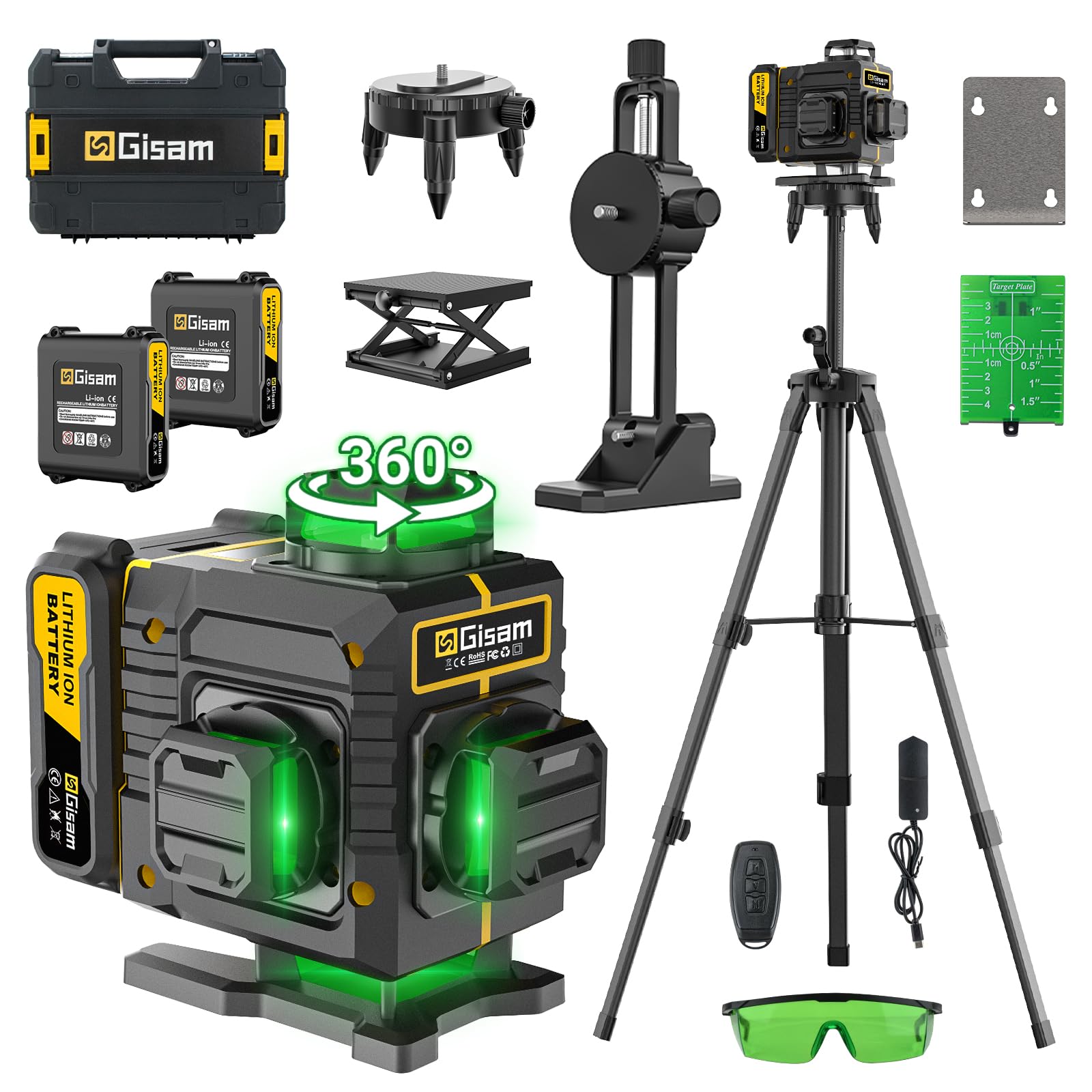 Laser Level with Tripod Cross Line for Indoor Outdoor Construction | Multifunctional 4D 16 Lines, 360° Rotation Window, Self-Leveling & Pulse Mode, 2 * 4800mAh Li-ion Batteries & Type-C Port