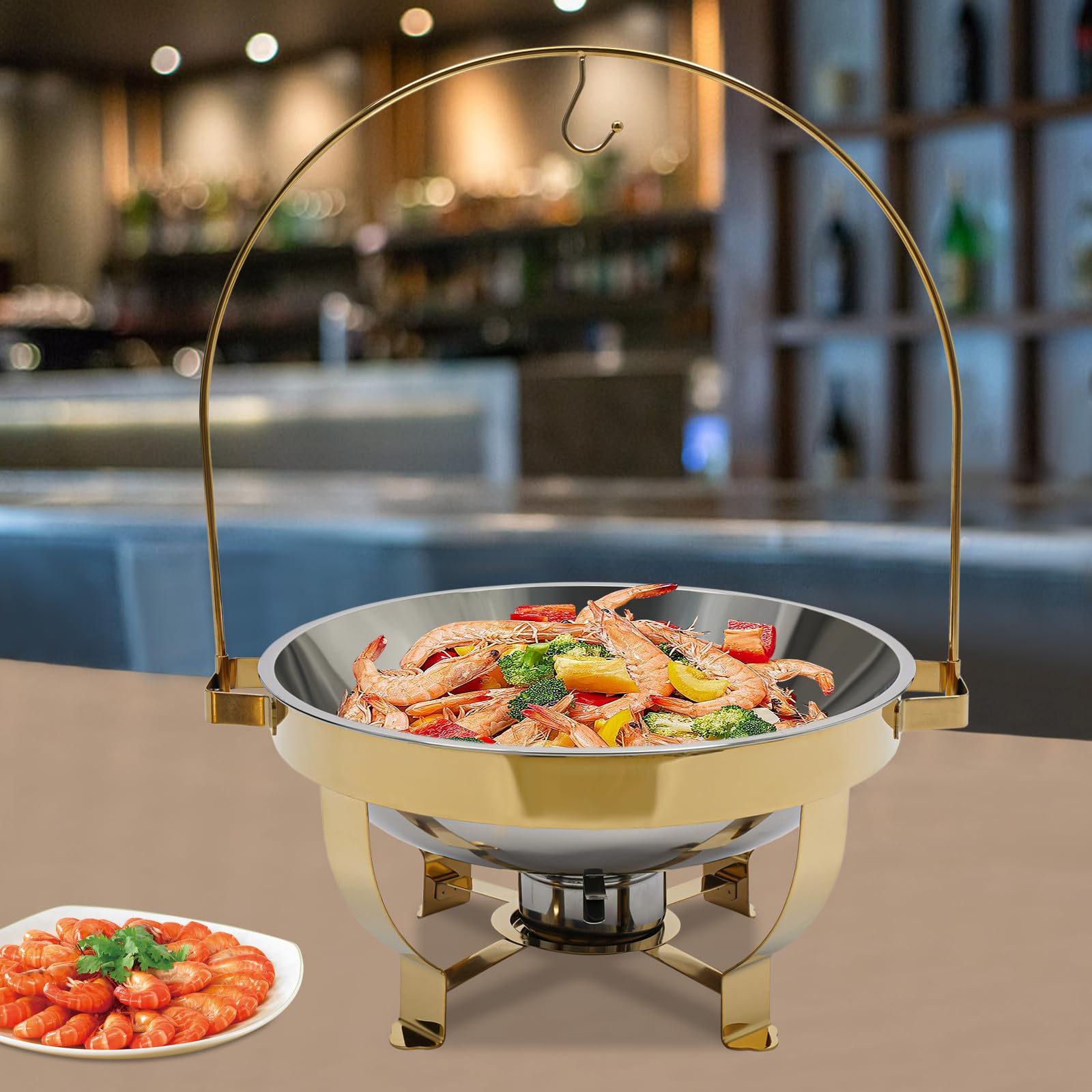 8L Gold Round Calentadores de Comida para Buffet Acero Inoxidable Chafing Dish para Hoteles, Cafeterías, Restaurantes, Reuniones Familiares, Banquetes, Bodas, Fiestas
