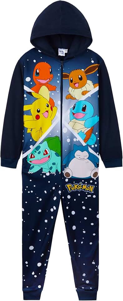 Pokemon Kids Fleece Hooded Jumpsuit, One-Piece Pajamas with Pockets, Pikachu Sleepwear, Lounge Wear, Gifts for Boys and Girls OEKO-TEX STANDARD 100