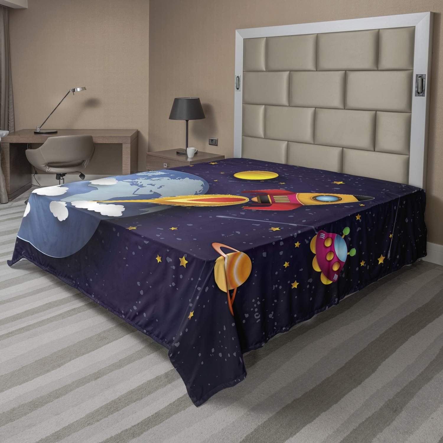 Ambesonne Outer Space Flat Sheet, Rocket on Planetary System Earth Stars UFO Saturn Sun Galaxy Boys Print, Soft Comfortable Top Sheet Decorative Bedding 1 Piece, Queen Size, Multicolor