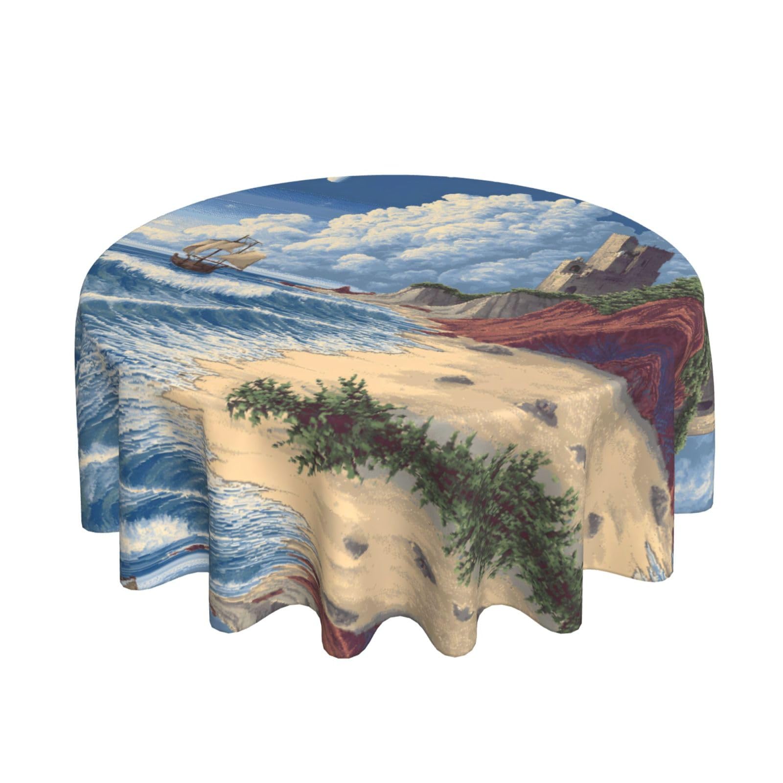 ESNAIUVCD Seaside Scenery print Round Tablecloth Waterproof Washable Wipeable Resistant Polyester Circular Table Cover for Dining Room Kitchen Indoor Outside 60"