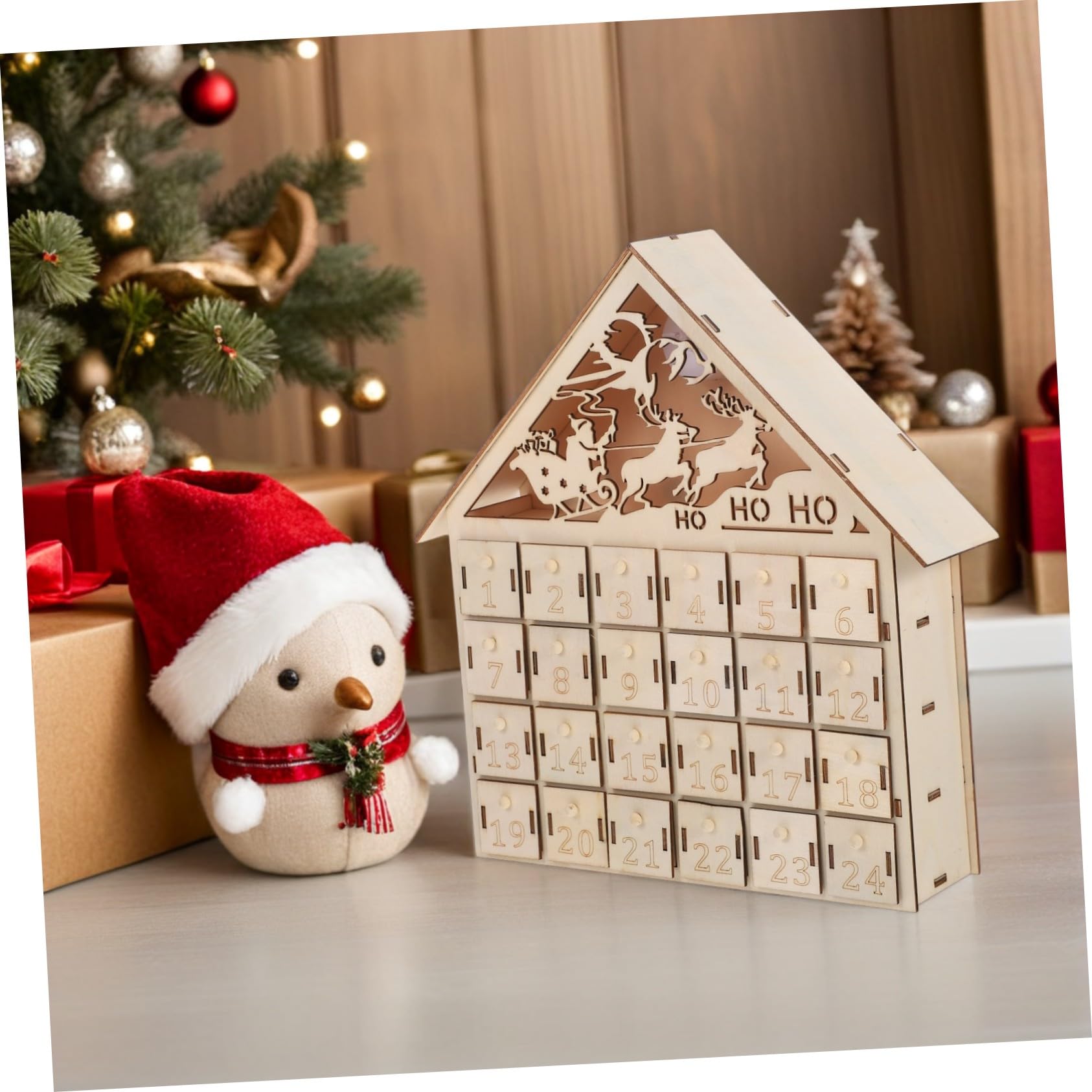 Calendario de Adviento de Madera LED Reutilizable Luz Decoración Rústica para Mesa Navidad