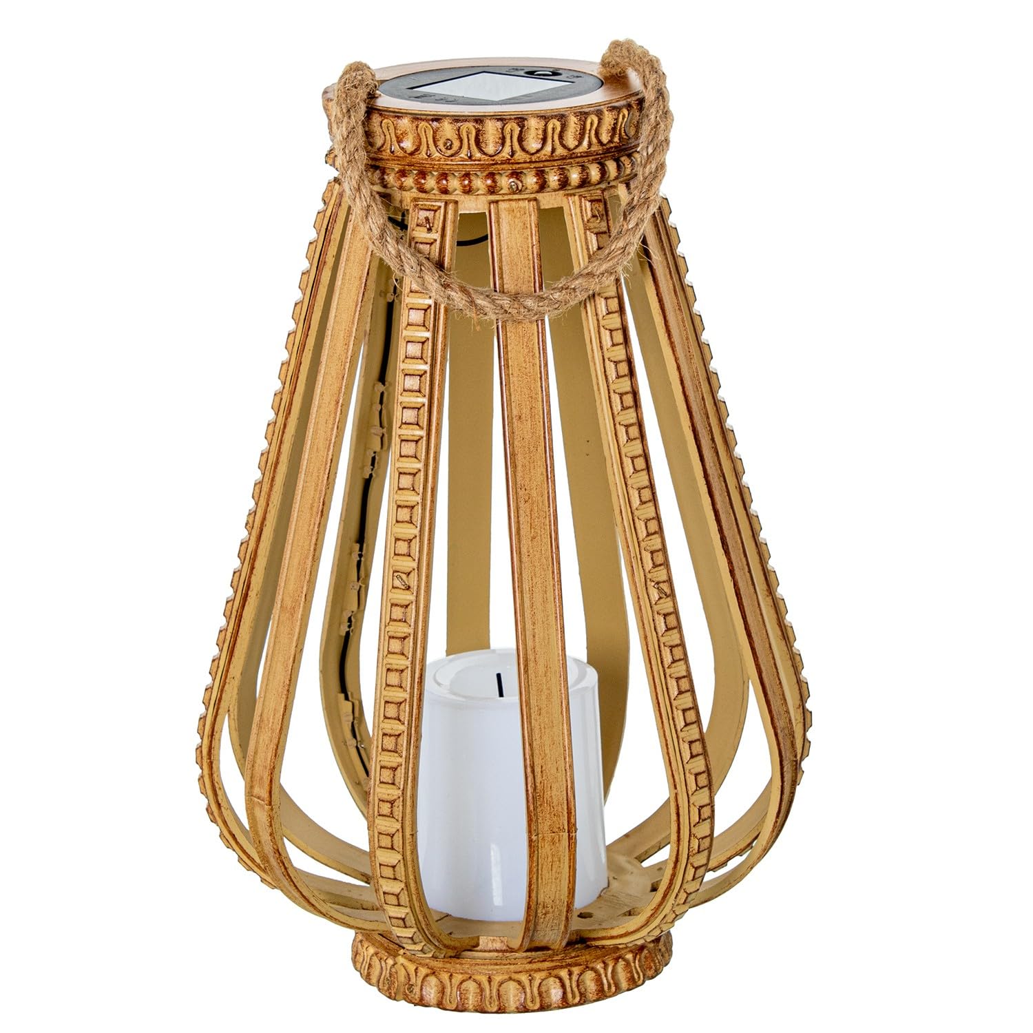 DRW Lampara Farol Solar de sobremesa o Suelo de Madera y Metal Natural y Negro con Vela led 24x24x45 cm