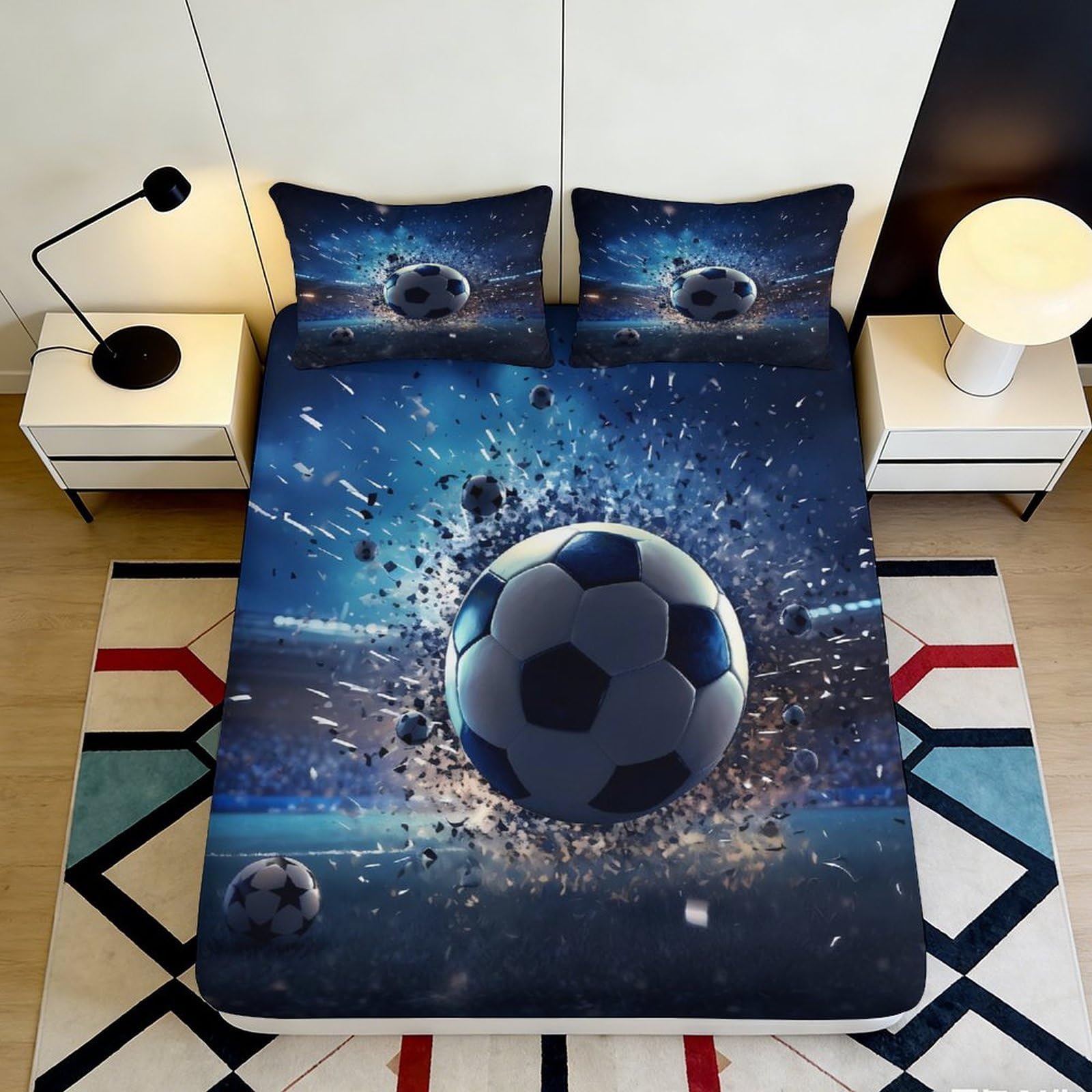 3D Printed Soccer Stadium Fitted Sheet Microfiber Anti-Slip Football Explosion Mattress Cover for Bedroom Dorm Decor 160x200x25cm
