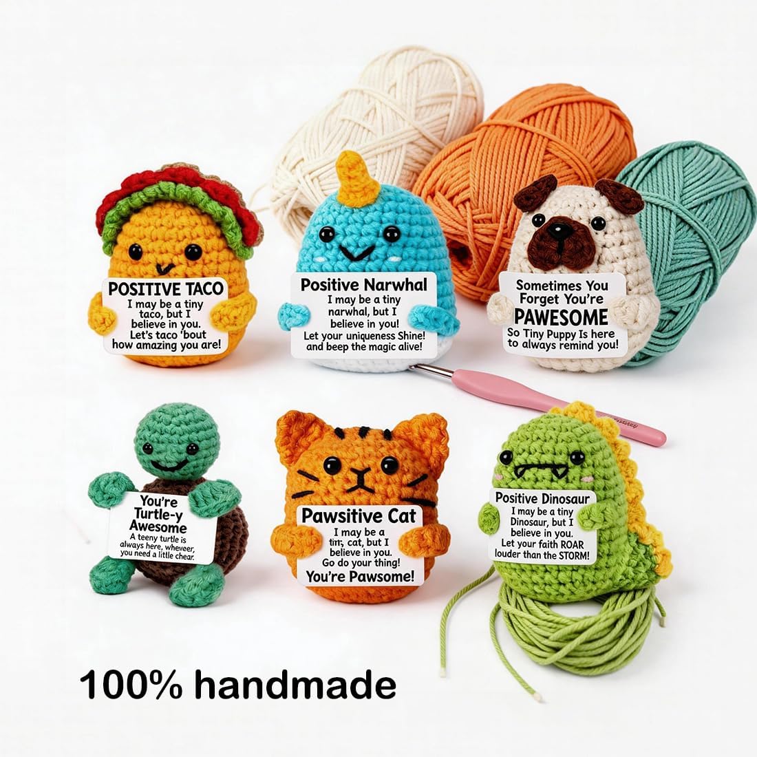 Positive Crochet Animals Emotional Support 6PCS with Encouragement Card Set for Coworker Friends Birthday Encouragement Gift Room Decor