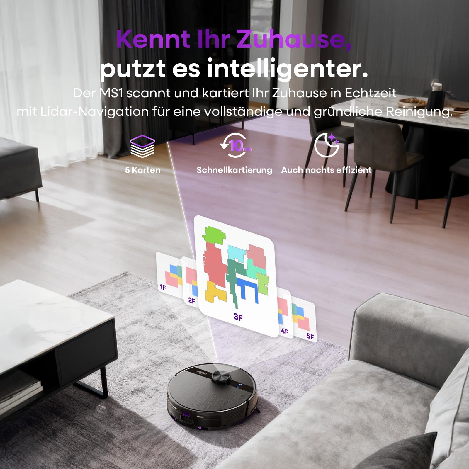 MONSGA Saugroboter mit Wischfunktion,5000Pa Saugkraft,180Min Laufzeit,Anti-Tangle-System,LiDAR Navigation, Staubsauger Roboter für Teppich, Tierhaare, APP & Fernbedienung Steuerung (Schwarz)
