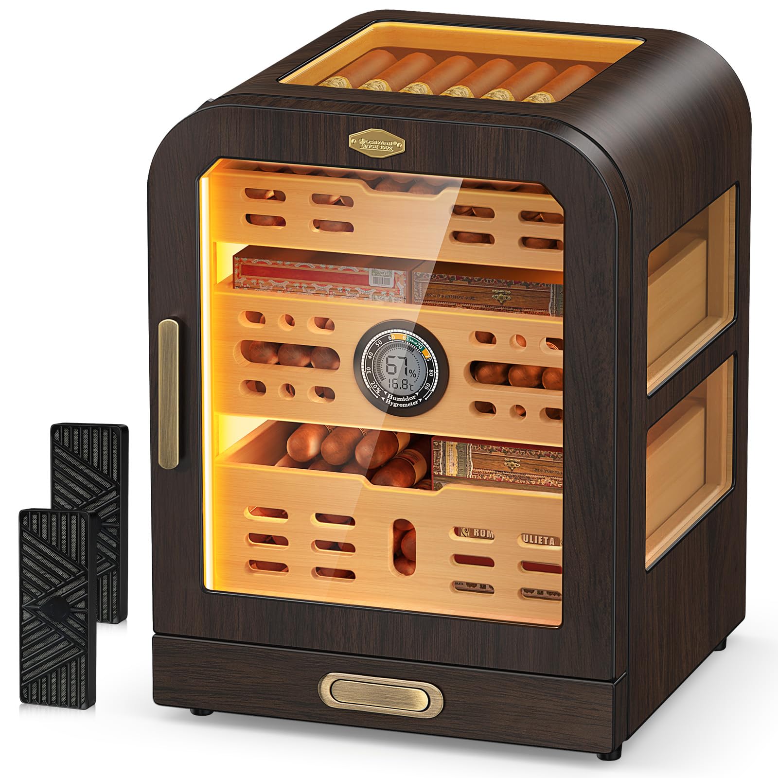 Zigarren-Humidor, 3 Seitenfenster, Humidor Zigarrenbox, Zedernholzschublade Zigarrenschrank, mit LED-Beleuchtungssystem, digitalem Thermometer und 2 Zigarren-Luftbefeuchtern