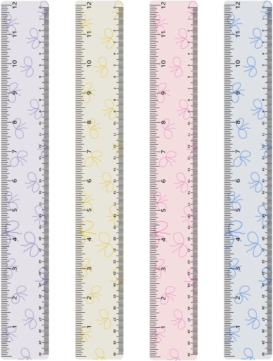 4Pcs Transparent Acrylic Ruler 12 Inch, Plastic Straight Rulers | Shatterproof Student Stationery Centimeters with Inches, for Classroom Essentials School Supplies (Bowknot 12 Inch)