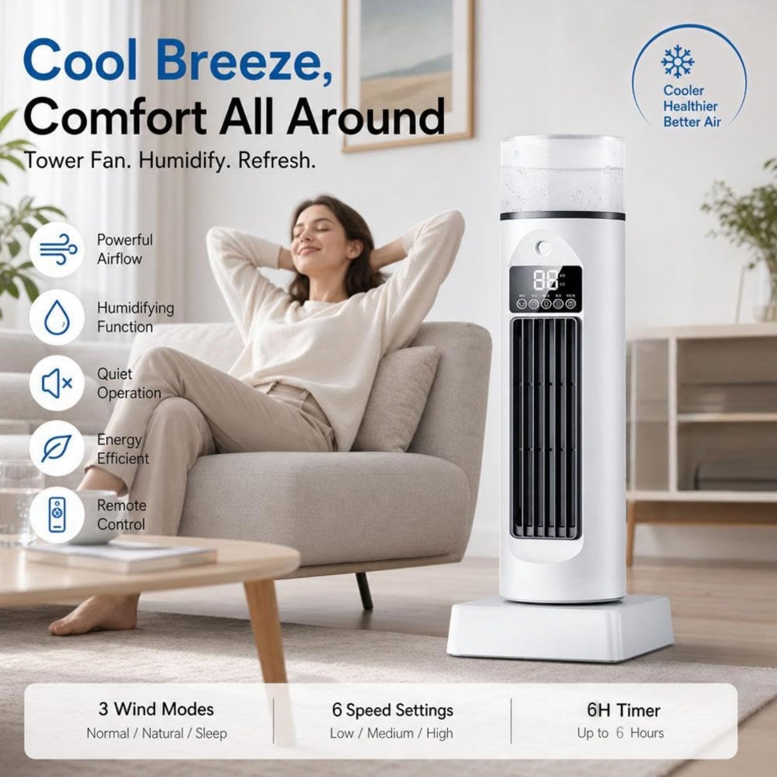 Tower AC Klimaanlage, Raumkühler Ventilator Tragbare Klimaanlagen, Leise Oszillierende Bladeless Kühler mit Fernbedienung für Schlafzimmer Büro Wohnheim (Schwarz)