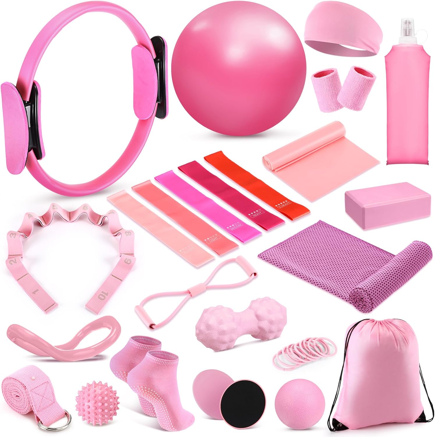 24 Pcs Home Pilates Essentials Kit for Women, Pilates Equipment Ring and Ball Set with Stretching Strap, Water Bottle, Magic Circle, Yoga Ring, Gym Bag, Resistance Band, Anti Slip Socks