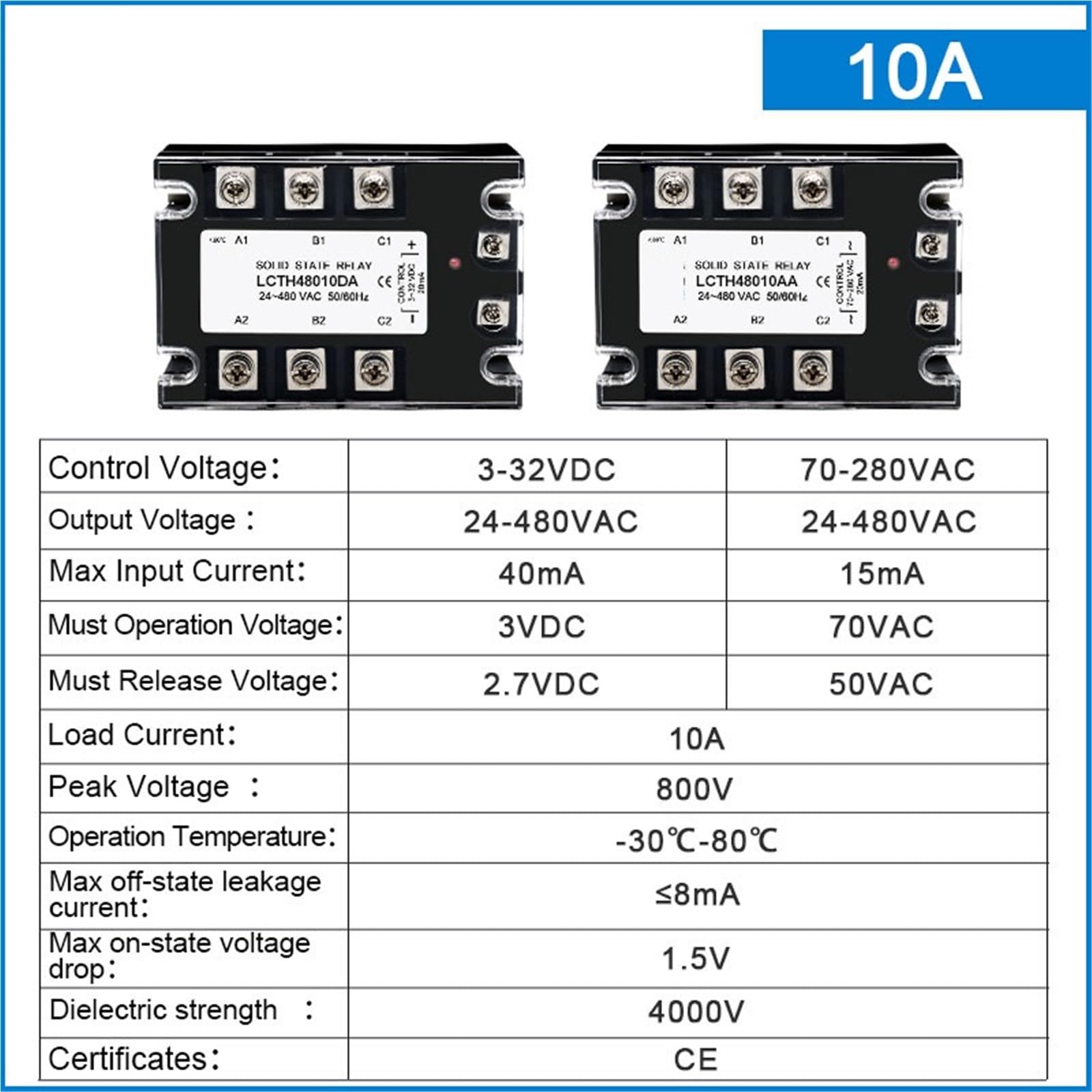 Relé de estado sólido trifásico 10 A, 25 A, 40 A, 60 A, 80 A, 100 A, 120 A, 150 A, 200 A, control de, control de CC, CA, 25 A, 380 V(AC-AC,10A)