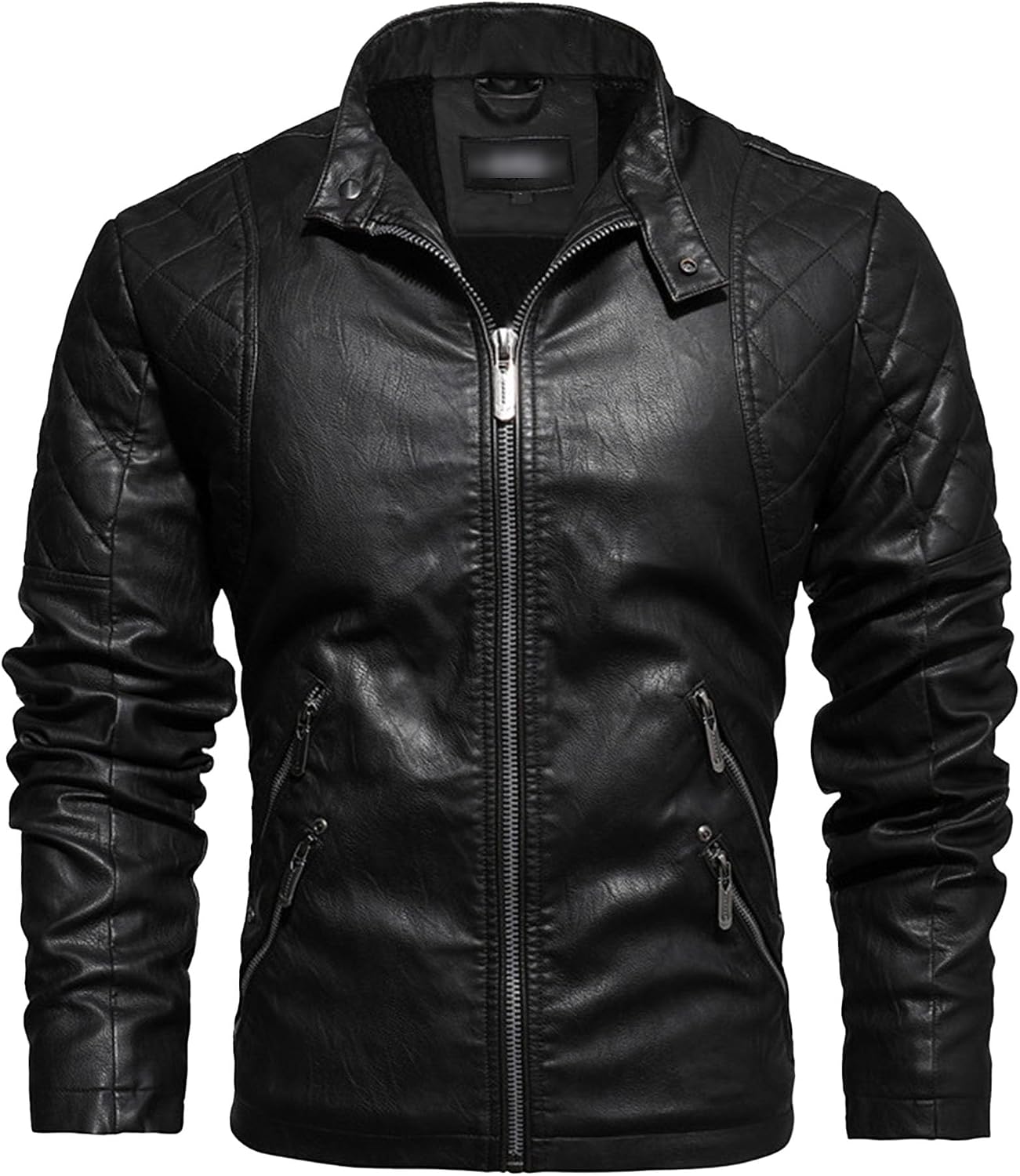 JEsilunmaMY Men's Fleece Lined PU Leather Jacket Stand Collar Zip-Up Wash Motorcycle Jacket Winter Warm Moto Biker Coats