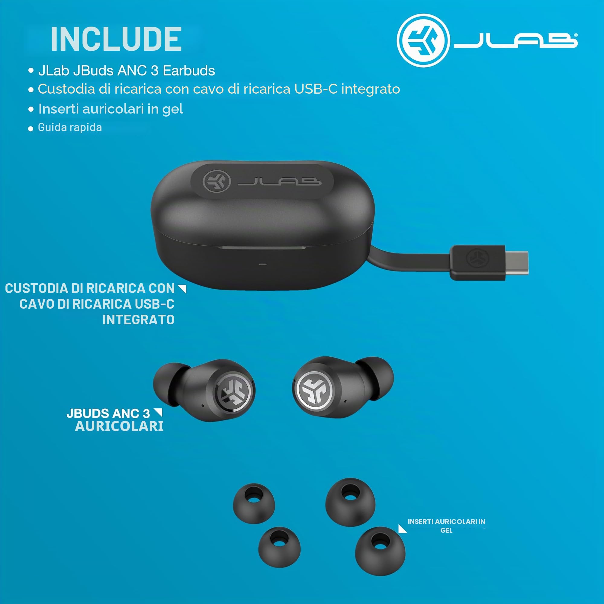 JLab JBuds ANC 3 Auricolari Bluetooth Cancellazione Rumore - 42h | Cancellazione Attiva del Rumore, 42 Ore, Cuffie Wireless IP55 Resistenti al Sudore, Suono EQ3, in-ear con Microfono