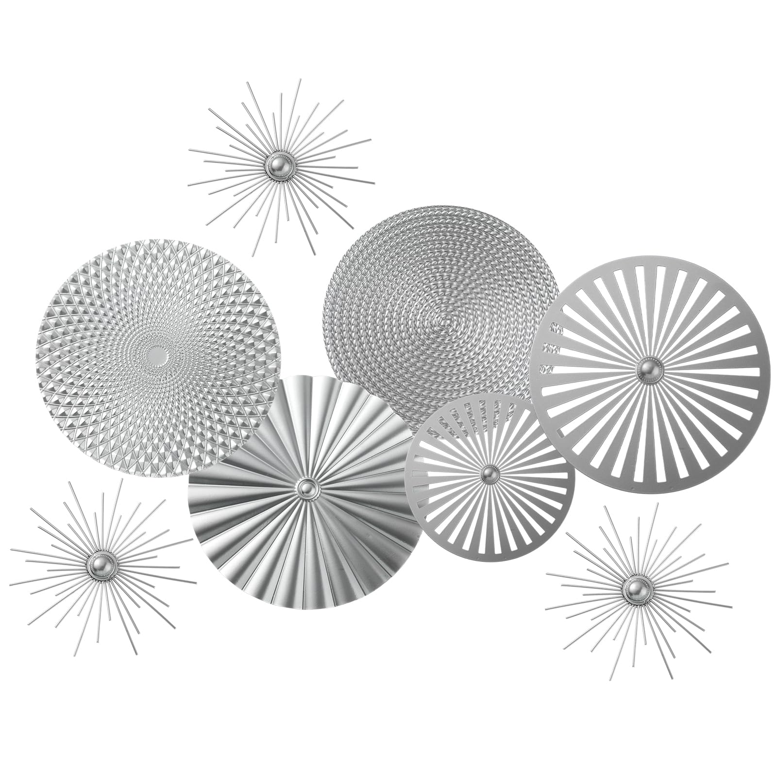Photo 1 of Lingvee 8 Pcs Gold Wall Decor Modern Metal Decor Metal Starbursts Radial Plate Art Hanging Decorative Wall Decorations for Home Bedroom Bathroom Living Room Office Sculpture(Silver)