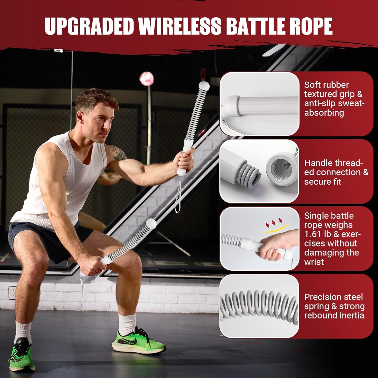weighted ropeless battle ropes, heavy duty portable cordless battle ropes for home gym with poster, workout exercise rope for strength building, hiit and low-impact aerobic training for men & women 1.61lb-grey