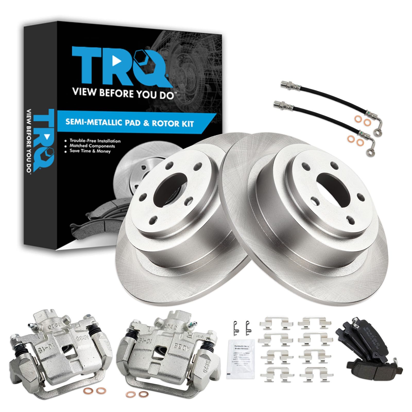 TRQ Rear Brake Pad and Rotor Set Semi Metallic Rotors Calipers Compatible with 2000-2004 Subaru Legacy Outback 2003-2006 Baja
