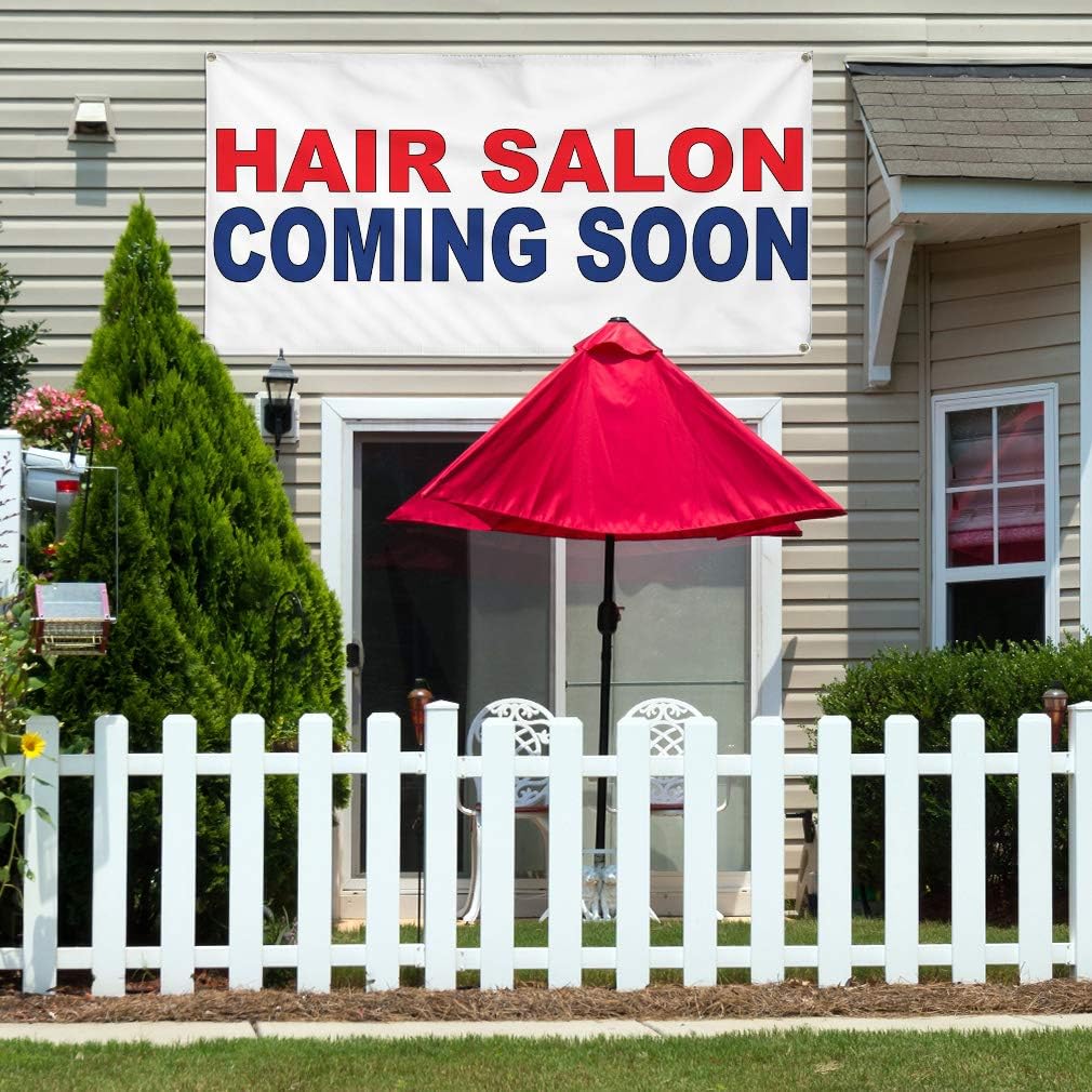 Vinyl Banner Multiple Sizes Hair Salon Coming Soon Red Blue Business Outdoor Weatherproof Industrial Yard Signs 4 Grommets 16x40Inches
