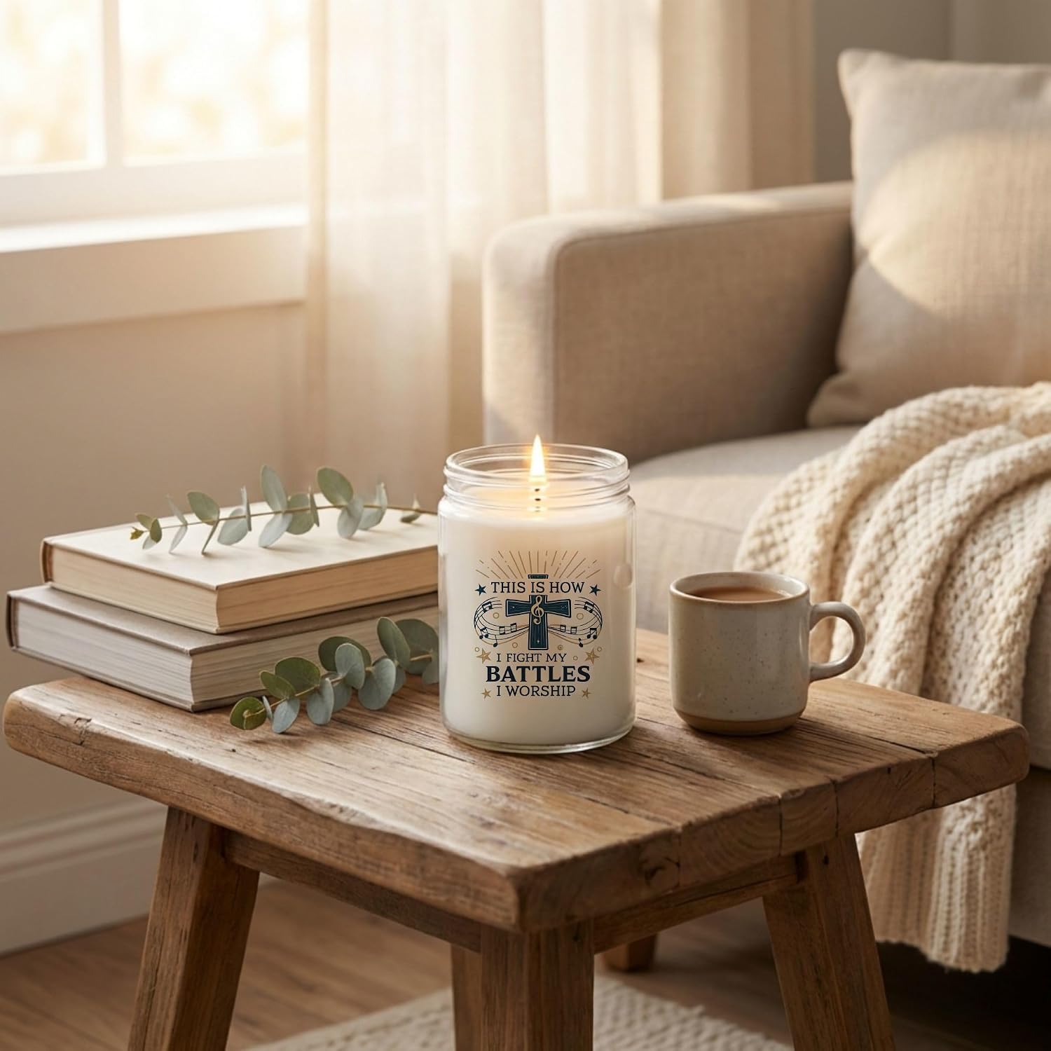 Vanilla Scented Christian Worship Cross and Music Notes Soy Wax Candle, 16oz Spiritual Battle Devotional Gift for Women and Men, Encouraging Faith Based Birthday Gift for Him