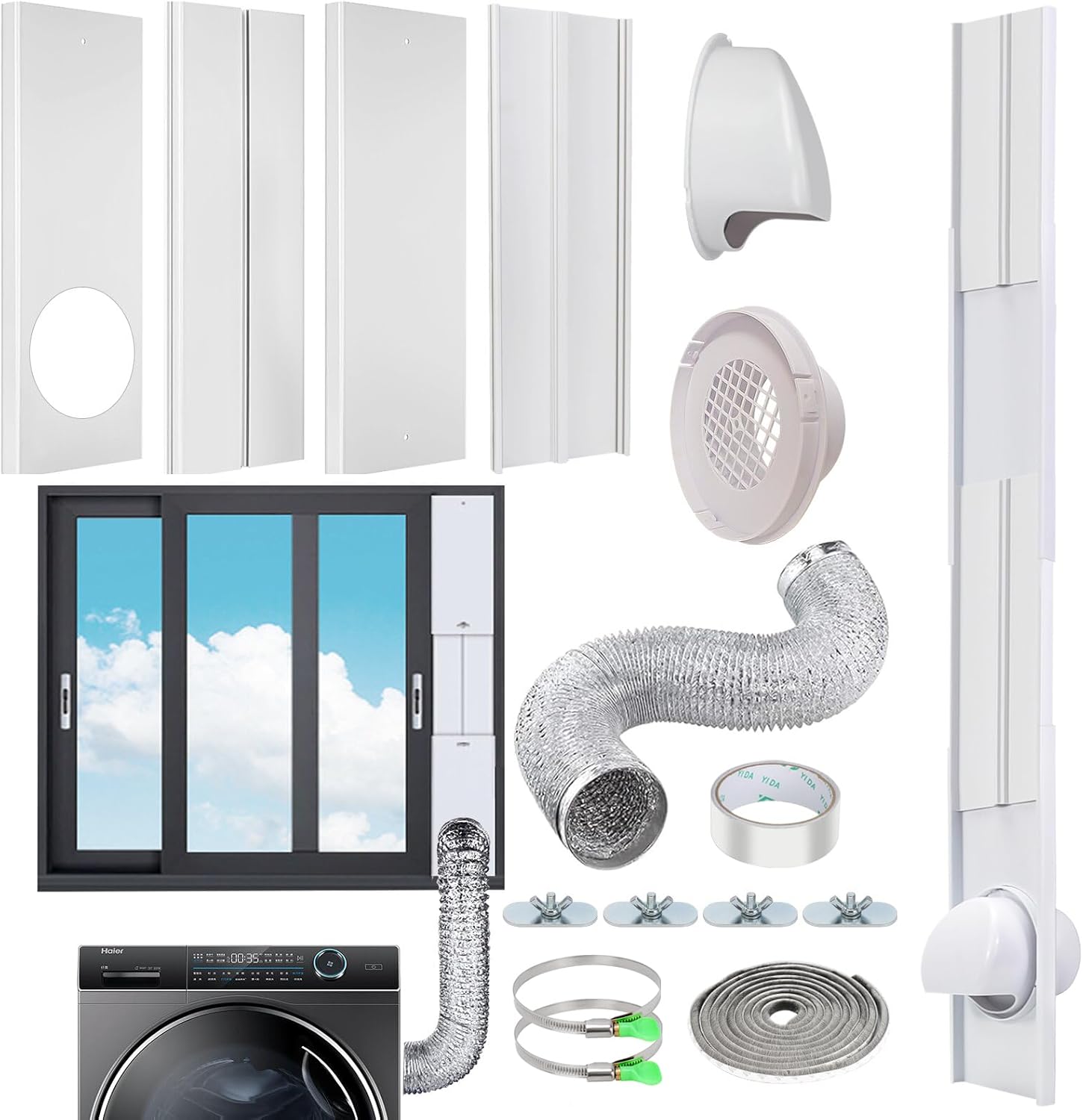 Dryer Window Vent Kit with 4 Inch 10 feet Dryer Vent Hose, Window Dryer Vent Kit Adjustable 4 Seal Panels with Rain Cover & Coupler & Filter for Horizontal & Vertical Sliding Windows (Up to 61 inches) Max Height 61"+Rain Cover -With Hose
