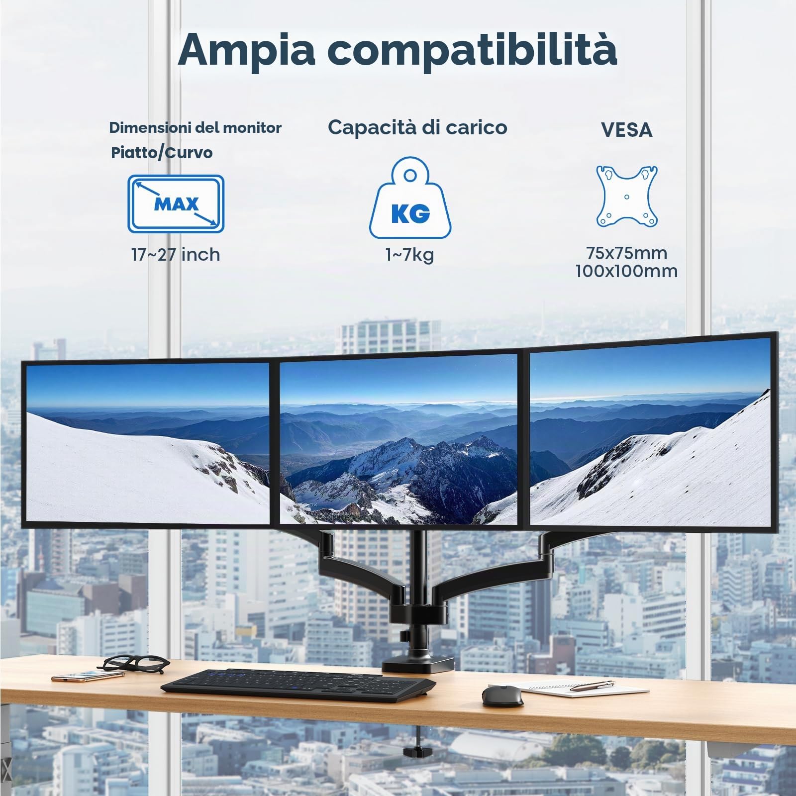 Supporto per monitor 3 monitor, WORLDLIFT Premium in alluminio Supporto per 3 monitor per schermi LCD LED da 17“-27”, supporto da tavolo regolabile in altezza, 7 kg/braccio, vesa 75/100 mm