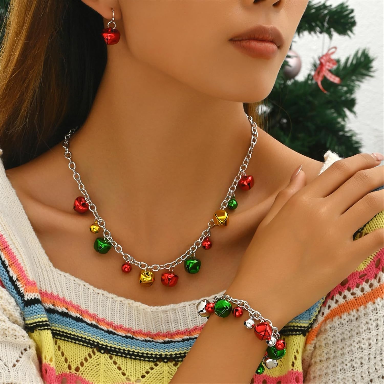 Christmas Necklaces Bracelet Earrings Set Cute Jingle Bell Ornament Long Chain Drop Dangle Earrings Lovely Bracelet Xmas Clothing Accessories Holiday Party Jewelry Gifts - Image 4