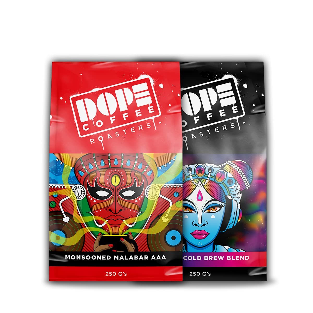 Dope Coffee Roasters Combo Pack of 2 - Freshly Roasted Coffee Monsooned Malabar AAA and Polaris Cold Brew Blend - 250 gm each (Inverted Aeropress)