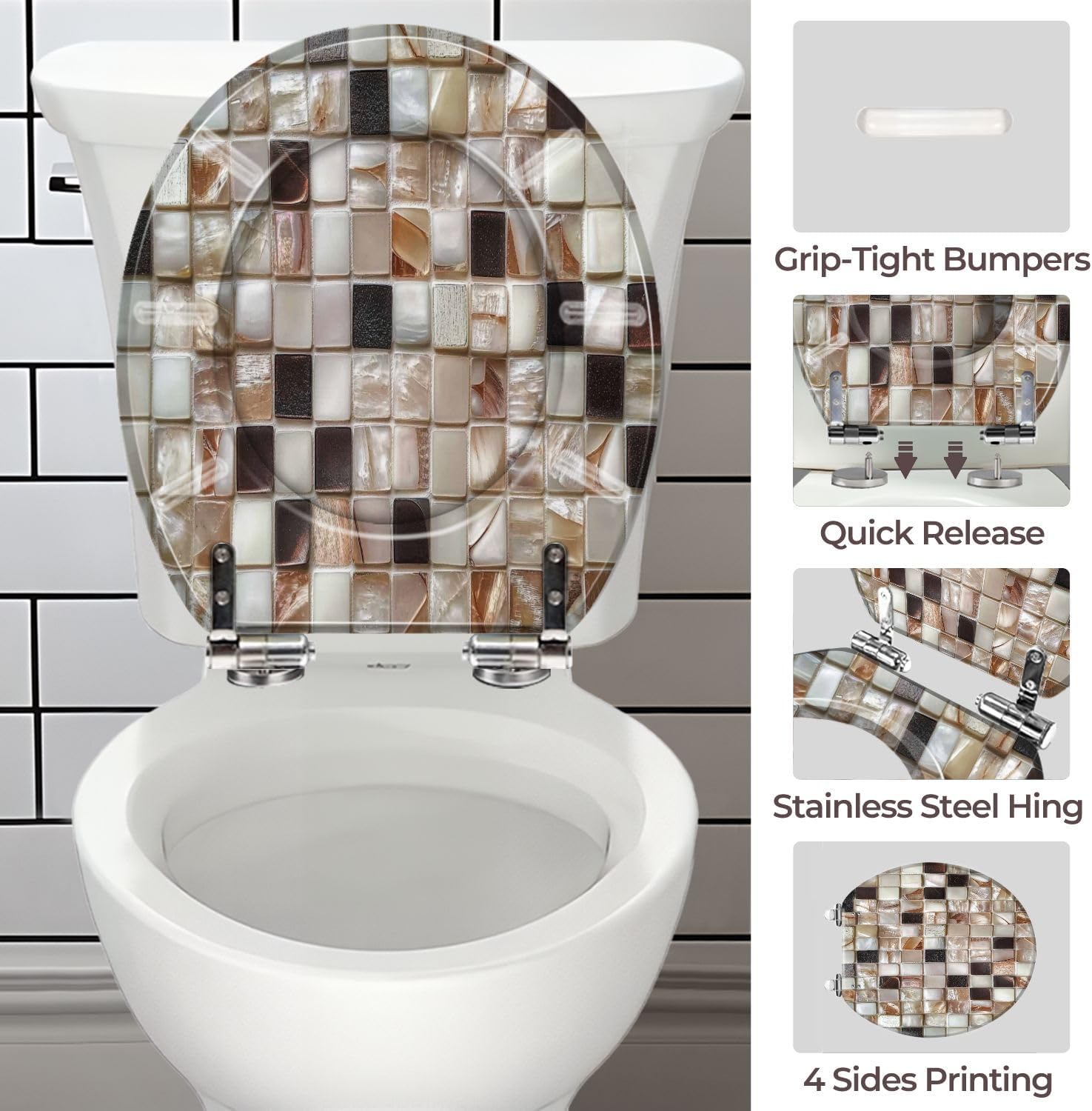 Round Toilet Seat Closeup photo Mother pearl mosaic tiles Resin Colored Toilet Seat Quick Release Hinges with Cover Easy to Install Decorative for Bathroom