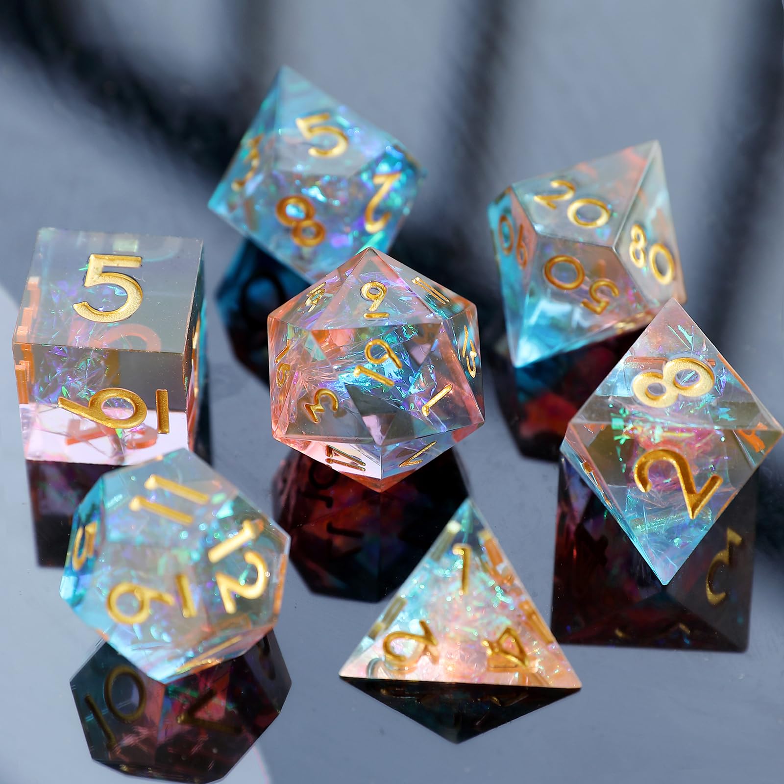 Elifel DND Dice Set 7pcs D4 D6 D8 D10 D12 D20 D% Polyhedral Handmade Resin Sharp Edged D&D Dice for Dungeons and Dragons Pathfinder Roll Playing Table Games RPG MTG Games with Gift Box - Image 2
