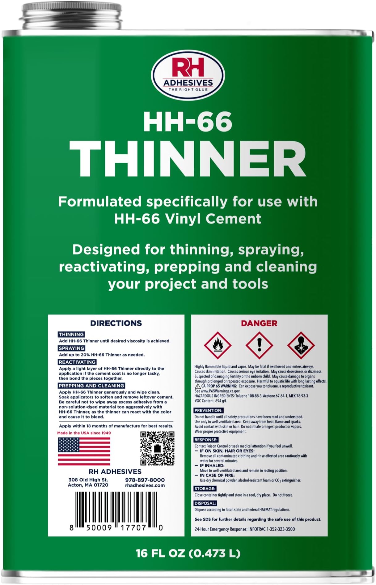 HH-66 Thinner, 16 oz. can - Prepping, Thinning, Reactivating, Cleaning, Multi-Purpose, Compatible with HH-66 Vinyl Cement - RH Adhesives