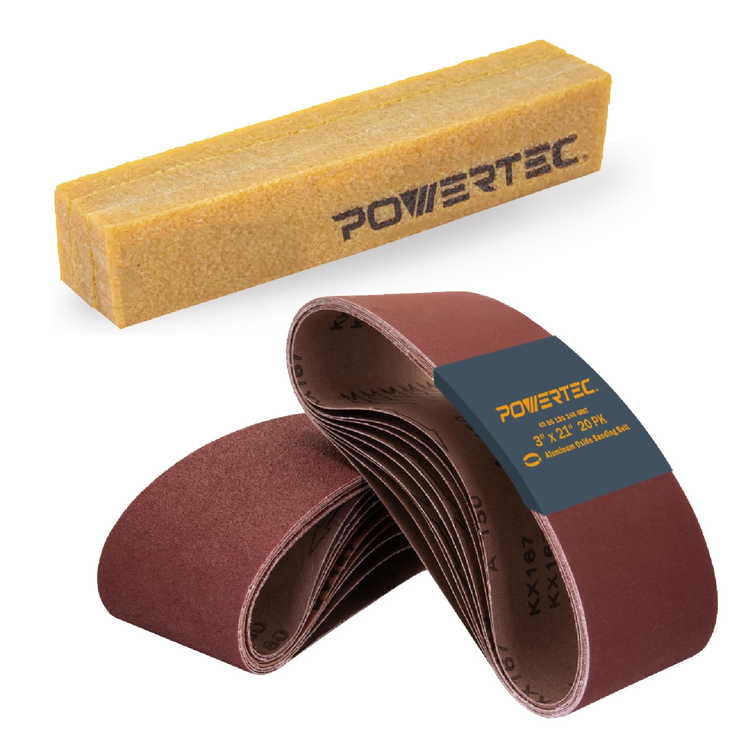 POWERTEC 3 x 21 Inch Sanding Belts & Rubber Eraser, 5 Each of 40/80/120/240 Grits Aluminum Oxide Sandpaper, 3x21 Sanding Belt for Portable Belt Sander
