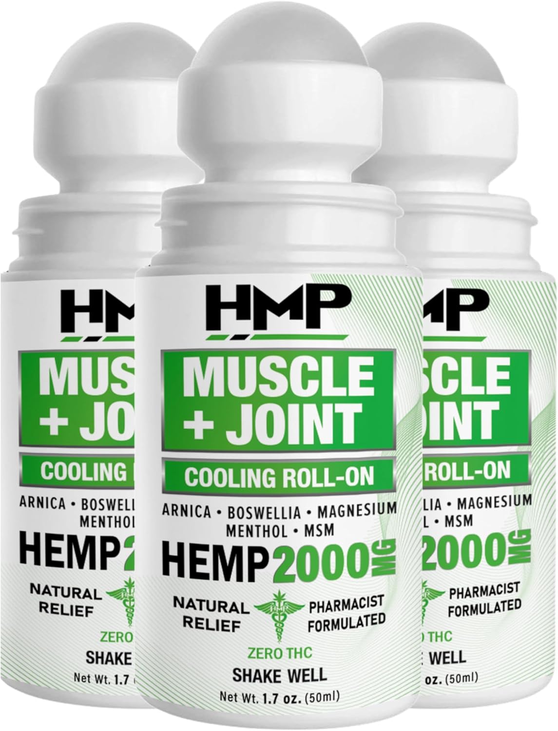 HMP Muscle & Joint Cooling Roll On - 2000MG Natural Formula with Menthol & Arnica - Fast Acting Hemp Support for Back, Shoulder & Knee - Made in USA (3 Pack)