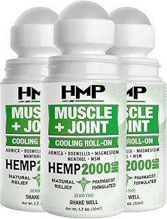 HMP Muscle & Joint Cooling Roll On - 2000MG Natural Formula with Menthol & Arnica - Fast Acting Hemp Support for Back, Shoulder & Knee - Made in USA (3 Pack)