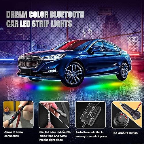 Miniatura 9 de Luces para debajo del auto, kit de tira de luces Bluetooth Dream Color Chasing, 6 luces exteriores impermeables con control de aplicación, 12 V 300