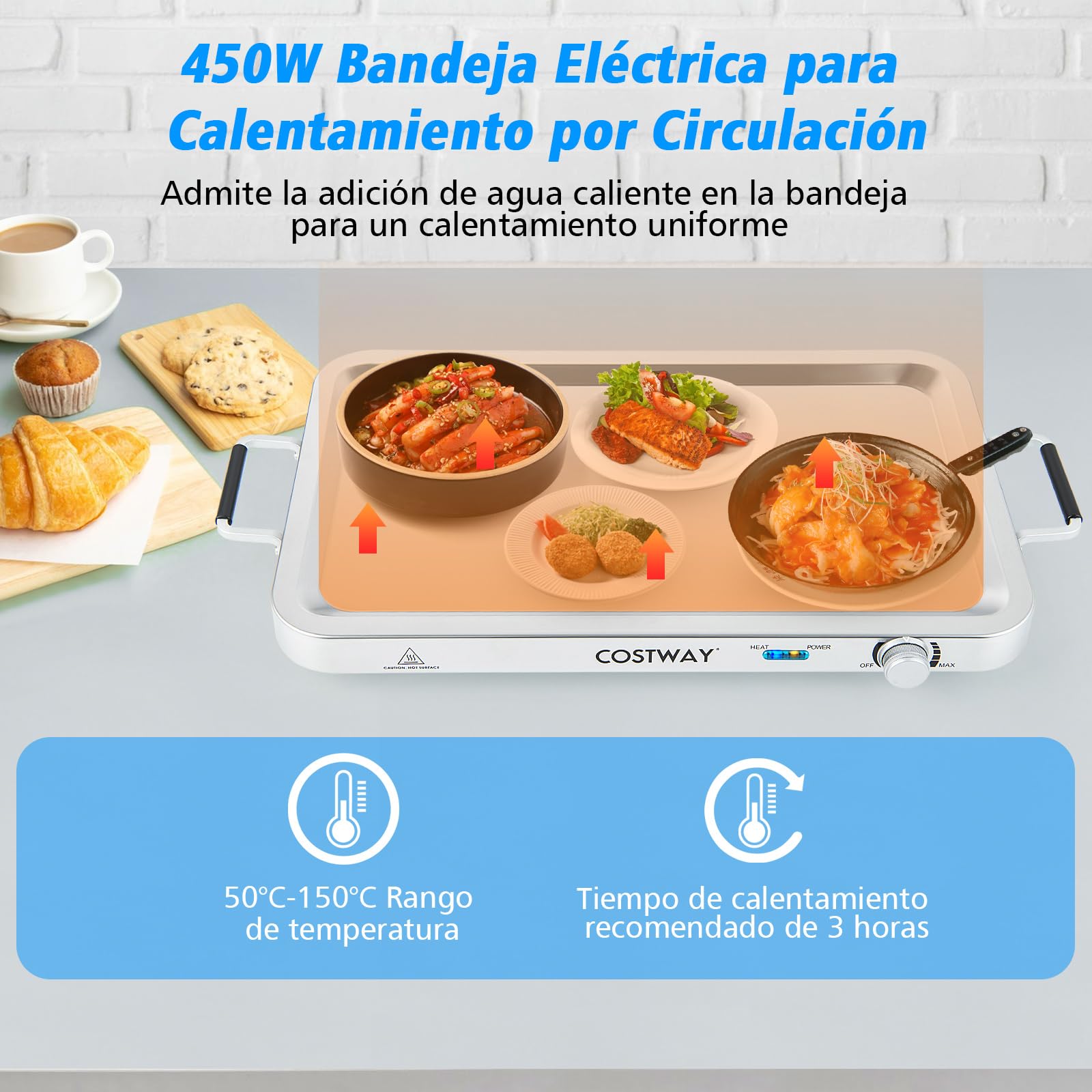 COSTWAY 2 en 1 Bandeja Eléctrica con Control de Temperatura, 450 W Calentador de Alimentos con 3 Bandejas para Servir, Bandeja Portátil de Acero Inoxidable, 9 L Servidor de Buffet