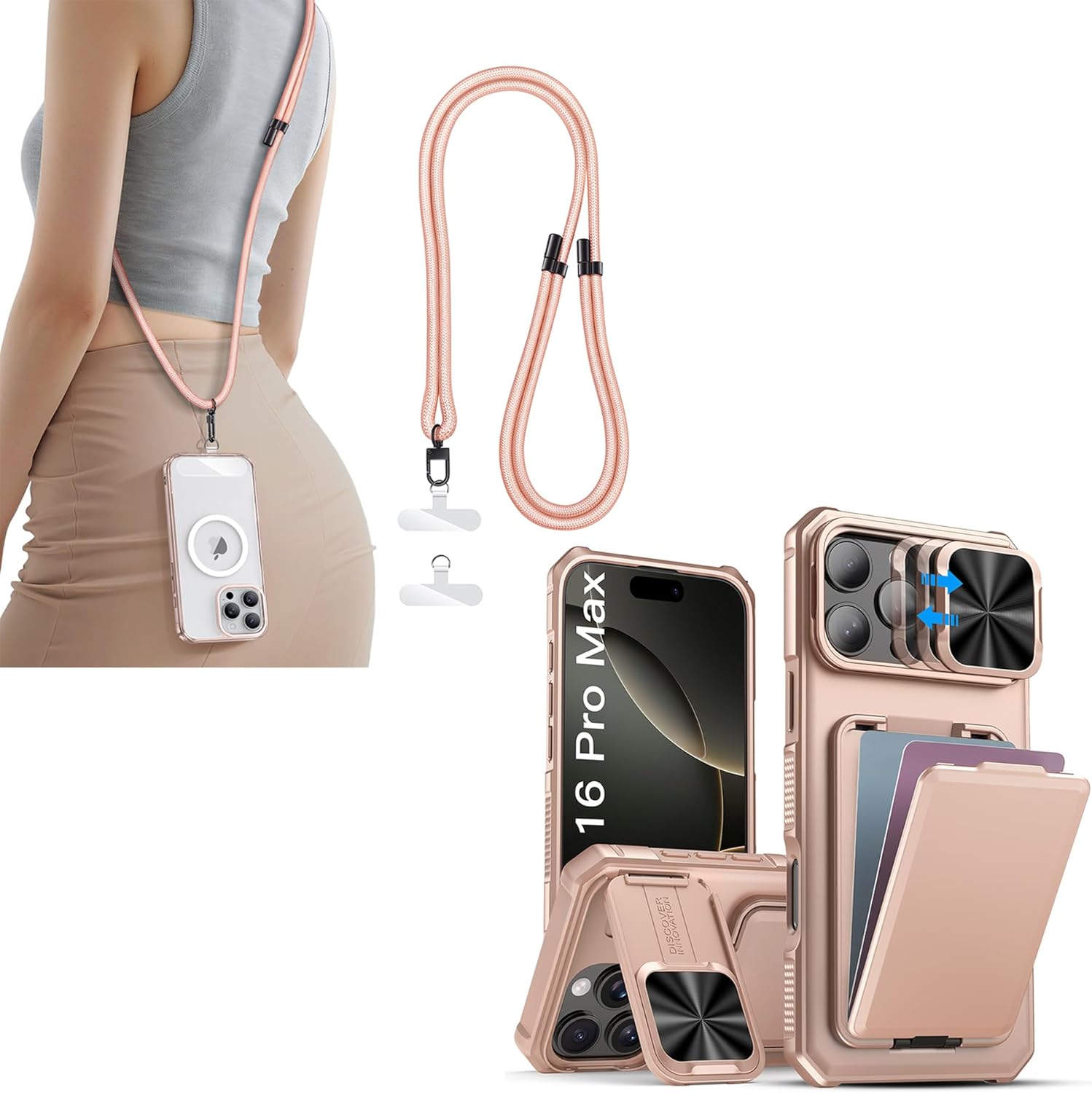 SSLOTSCASE for iPhone 16 Pro Max Case with Card Holder & Camera Stand & Kickstand & Slide Camera Lens Cover, Phone Lanyard Crossbody with 2X Clear Phone Tabs, Adjustable Anti Theft Phone Strap