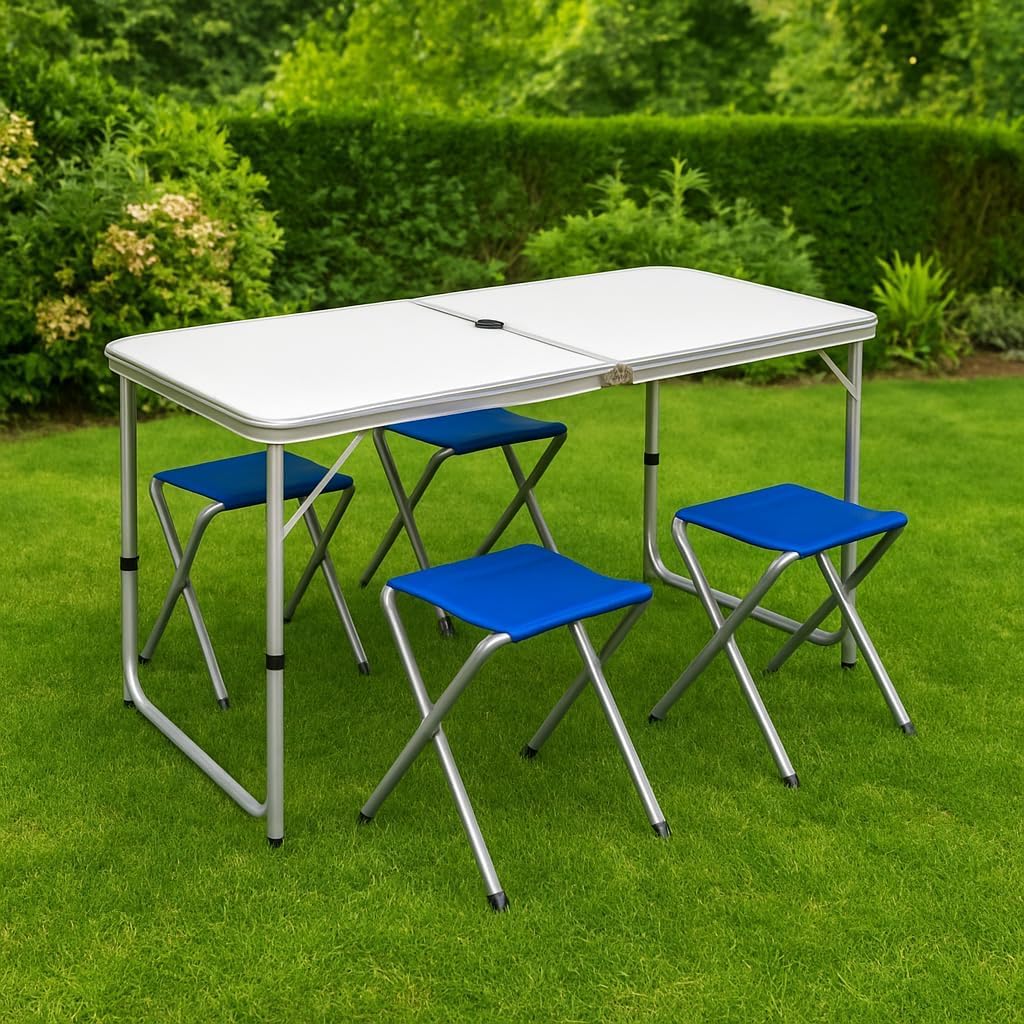 PALUPLUS Set Tavolo Campeggio in Alluminio con 4 Sgabelli pieghevoli di colore Blu, Tavolino da 121x61,5x70 cm, Design Pieghevole a Valigetta con Maniglia, Set per picnic, gita -8095F
