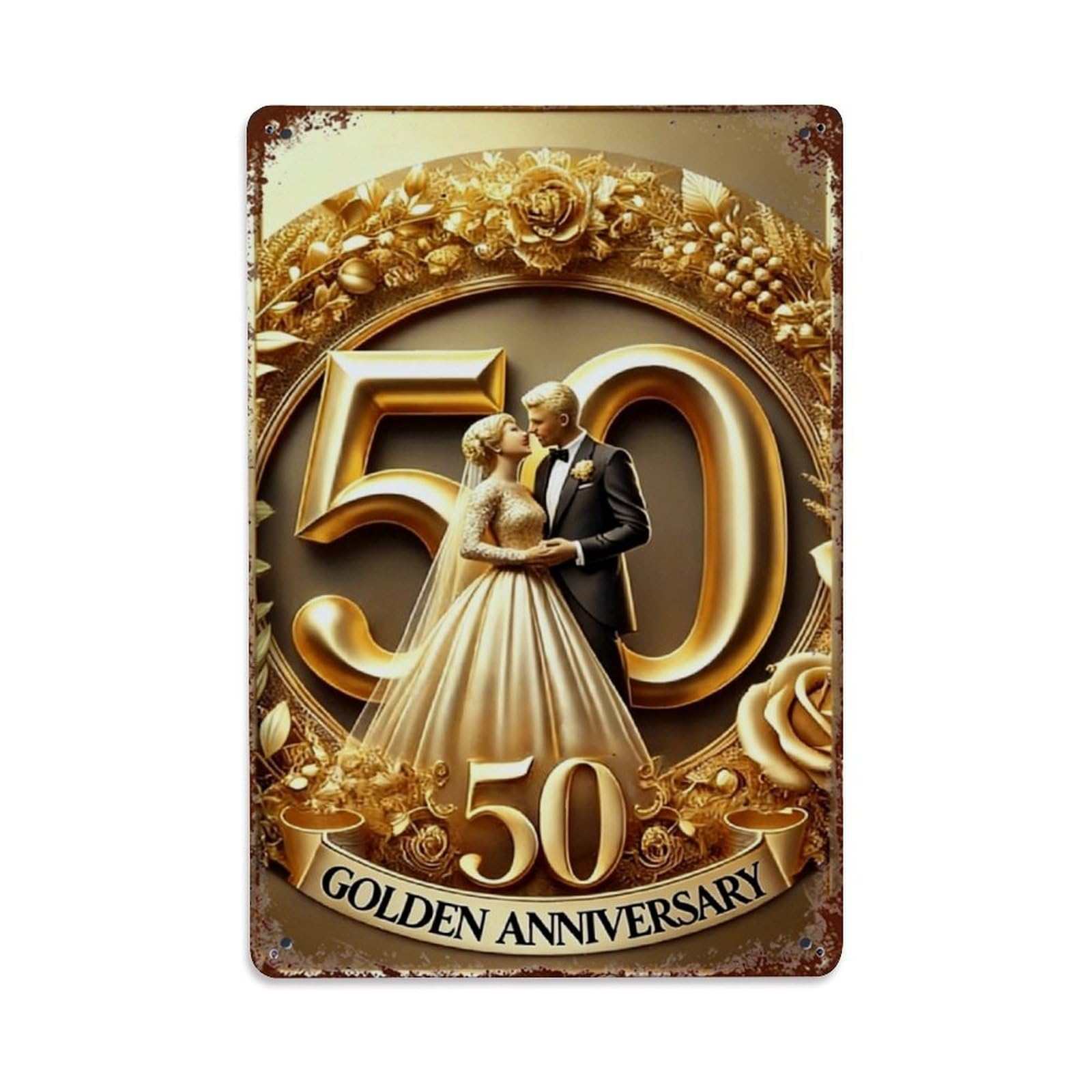 Golden Anniversary Couple Portrait Design Retro Metal Tin Sign, Vintage Decor Art Poster for Bar, Home, Man Cave, Kitchen, Laundry Room Gift 8x12Inch
