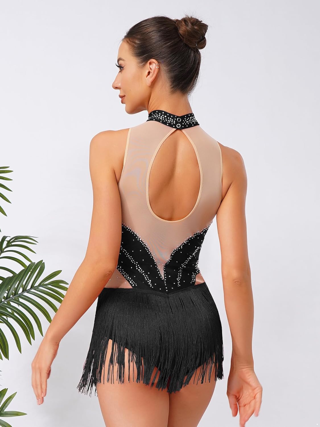 Womens Shiny Rhinestone Latin Dance Leotard Sleeveless Tassel Bodysuit Tango Chacha Performance Costume