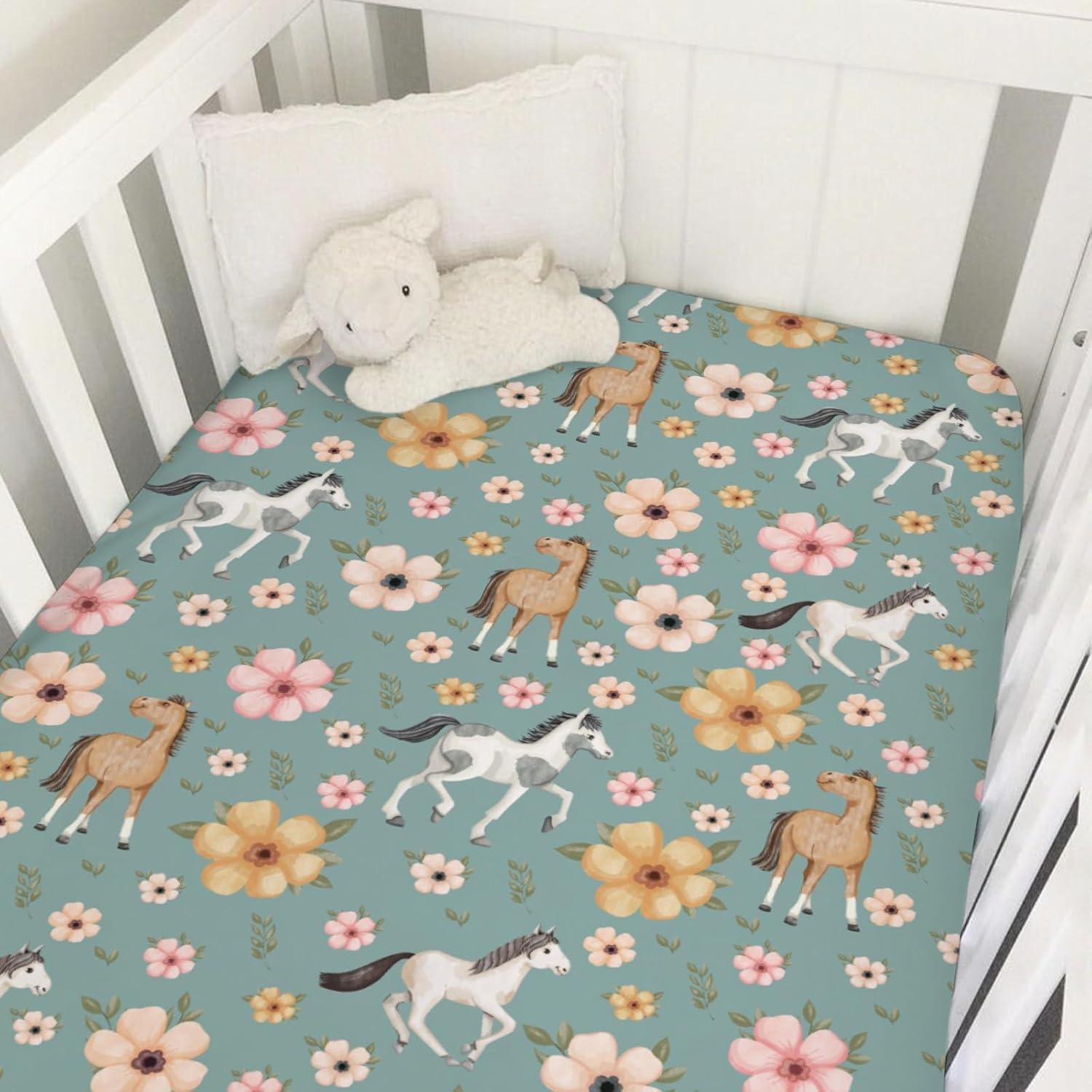 Watercolor Horse Floral Baby Crib Sheets 52''x28'' Cute Horses Boho Retro Flowers Green Fitted Crib Mattress Cover for Boy Girl Soft Nursery Baby Bed Sheets for Standard Size Crib and Toddler Mattress