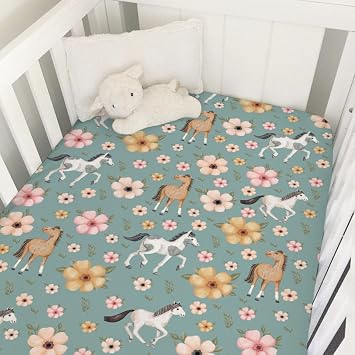 Watercolor Horse Floral Baby Crib Sheets 52x28 Cute Horses Boho Retro Flowers Green Fitted Crib Mattress Cover for Boy Girl Soft Nursery Baby Bed Sheets for Standard Size Crib and Toddler Mattress